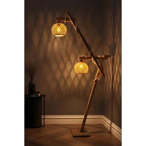 Celestia Home 2'li Başlıklı Halat Detaylı Kütük Ahşap Lambader – Sehpalı/raflı Rustik, Bohem ve Iskandinav Tarzı Köşe Yer Lambası