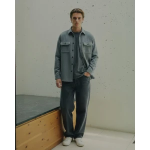 Uzun Kollu Önü Düğmeli Basic Antrasit Gömlek