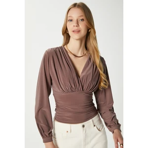 Kadın Sante V Yaka Vizon Yumuşak Sandy Bluz