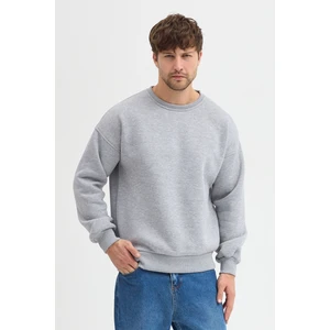 Gri Bisiklet Yaka Erkek Oversize Sweatshirt Pamuklu Basic 3 Iplik Şardonlu