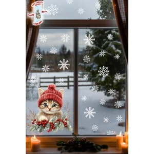 Sevimli Kedi & Kar Taneleri Cam Süsü – Çift Taraflı Baskı %100 Net Görünüm - Yılbaşını Bekleyen Kedi