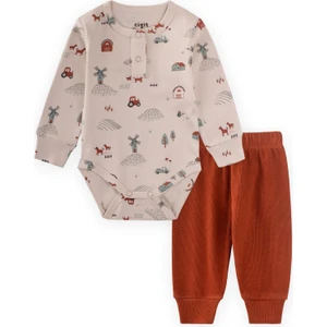 Çiftlik Desenli Zıbın Takım 0-3 Yaş Bej