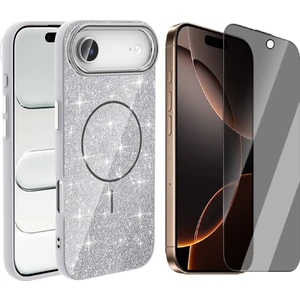 iPhone 17 Air Kılıf M-Safe Şarj Özellikli Parlayan Simli Zore Okso Kapak + Hayalet Ekran Koruyucu