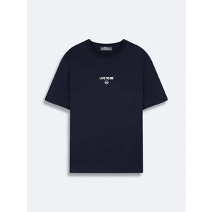 Kısa Kollu Slogan Baskılı Regular Lacivert T-Shırt