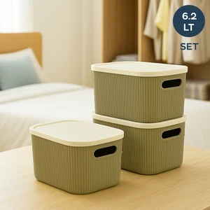 3 Adet Soft Yeşil Ekru Kapaklı Çok Amaçlı Kapaklı Organizer Kutu 6.2lt