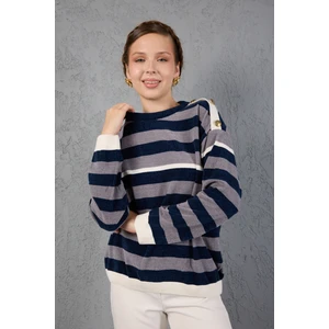 Kadın Laci-Gri Çizgili Şönil Kadife Bisiklet Yaka Omuzda Düğme Detaylı Triko Kazak