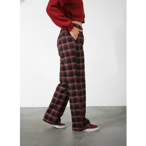 Ekoseli Flanel Yüksek Bel Pijama Altı Rahat Kesim Geniş Paça Pamuklu Kadın Pantolon