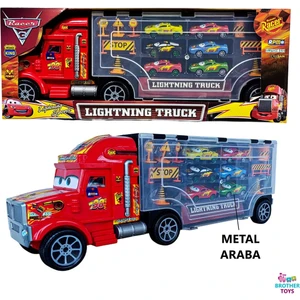Brother Toys Dev Boy 56 Cm. Metal Araba Taşıyan Şimşek Mcqueen Tır Mekkuin ve 6'lı Metal Araba + 9 Parça Aksesuar