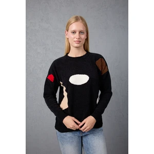 Kadın Siyah Şönil Kadife Renk Bloklu Bisiklet Yaka Triko Kazak