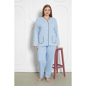%100 Pamuklu Uzun Kollu Boydan Düğmeli Büyük Beden Kadın Pijama Takımı 206