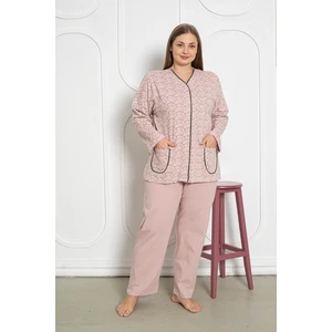 %100 Pamuklu Uzun Kollu Boydan Düğmeli Büyük Beden Kadın Pijama Takımı 206