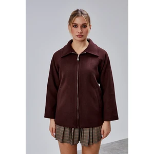 Acı Kahve Oversize Fermuarlı Kaşe Ceket