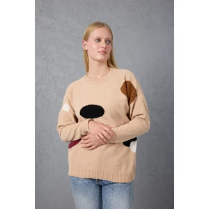 Kadın Açık Bej Şönil Kadife Renk Bloklu Bisiklet Yaka Triko Kazak