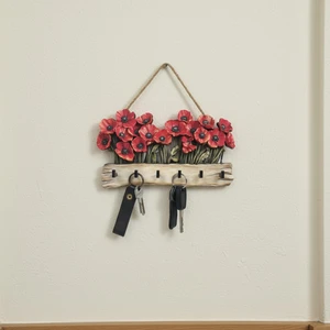 Cajuart Dekoratif Kırmızı Gelincik Çiçek Motifli Katmanlı Askılık Anahtarlık Duvar Dekoru