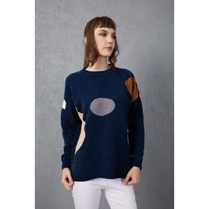 Kadın Koyu Laci Şönil Kadife Renk Bloklu Bisiklet Yaka Triko Kazak