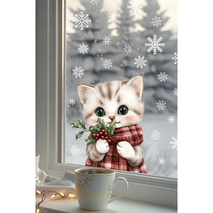 Şaşkın Kedi & Kar Taneleri Cam Süsü – Çift Taraflı Baskı %100 Net Görünüm - Yılbaşını Bekleyen Kedi