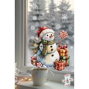 Kardan Adam Çift Taraflı Cam Sticker Seti – 42 Parça Kar Taneleriyle - Çift Taraflı Yeni Yıl Sticker