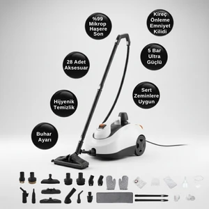 S608 Yeni Nesil Çok Fonksiyonel 28 Adet Aksesuar 5 Metre Kablolu Buharlı Temizlik Makinesi