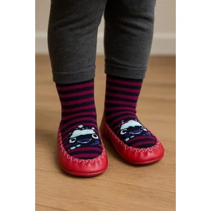 Çocuk Araba Desenli Makosen Soket Çorap Patik Panduf – Kaydırmaz Ev & Anaokulu Ayakkabısı Kırmızı