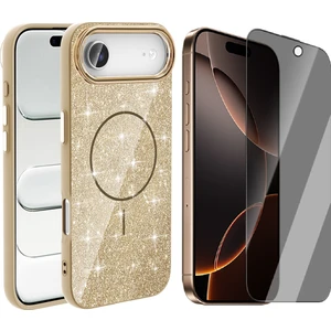 iPhone 17 Air Kılıf M-Safe Şarj Özellikli Parlayan Simli Zore Okso Kapak + Hayalet Ekran Koruyucu