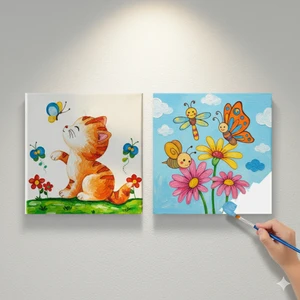 Dudu Ahşap Anaokulu İlkokul Etkinliği 2'li Tuval Boyama Seti 20 x 20 cm Uv Baskı + 6 Akrilik Boya + 1 Fırça Model 49