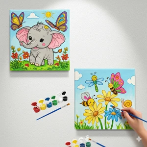 Dudu Ahşap Anaokulu İlkokulu Etkinliği 2'li Tuval Boyama Seti 20 x 20 cm Uv Baskı + 6 Akrilik Boya + 1 Fırça Model 53