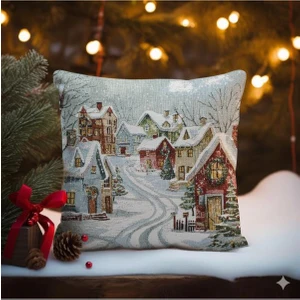 Belıeve Karlı Evli Yılbaşı Jakarlı Dokuma Goblen Dekoratif Simli  Kırlent 45*45