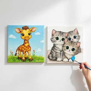 Dudu Ahşap Anaokulu İlkokul Etkinliği 2'li Tuval Boyama Seti 20 x 20 cm Uv Baskı + 6 Akrilik Boya + 1 Fırça Model 02