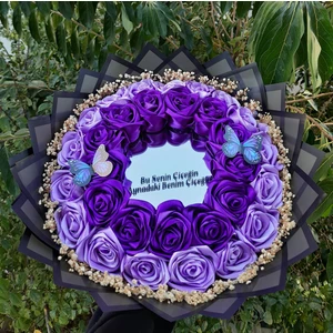 Buket Dünyası Çift Kat Büyük Boy Aynalı Ledli Cipsolu Yazılı Solmayan Gül Buketi - Mor ve Lila