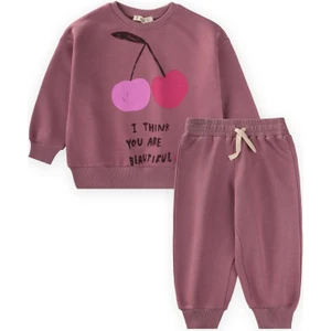 Kiraz Baskılı Sweatshirt Takım 2-10 Yaş Gül Kurusu