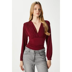 Kadın Sante V Yaka Bordo Yumuşak Sandy Bluz