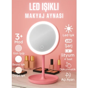 Dokunmatik LED Işıklı Makyaj Aynası (Pembe)