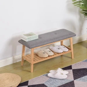 Bambu Ahşap Oturma Bankı ve Ayakkabılık – Gri Minderli, Dekoratif Giriş Bench, Şık Ev Mobilyası, Portmanto Yanı Düzenleyici