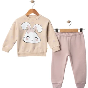 Kız Çocuk Kalpli Tavşan Baskılı 3 Iplik Şardonlu Kalın Kışlık Eşofman Takımı 2-5 Yaş