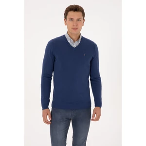 U.S. Polo Assn. Erkek Slim Fit V Yaka İndigo Basic Kazak 50313668-VR028