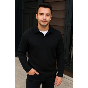 Erkek Fitilli Polar Sweatshirt – Düğmesiz Polo Yaka, Oversize Rahat Kalıp, Kalın Polar Kumaş, Kışlık ve Baharlık Şık Günlük Üst - Siyah