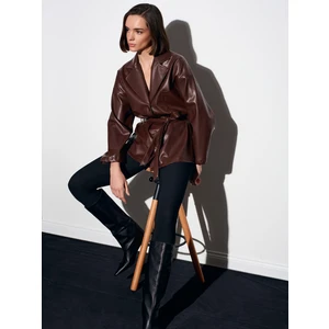 50533 Kemerli Suni Deri Ceket-Açık Kahve