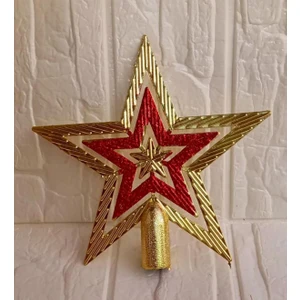 Patladı Gitti Yılbaşı Çam Ağacı Süsü 18 cm Gold-Kırmızı Yıldız Tepelik