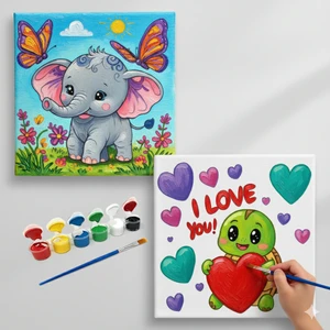 Dudu Gift Okul Etkinliği-2'li Tuval Boyama Seti. 20X20 cm Uv Baskı 6 Akrilik Boya 1 FIRÇA-MODEL-393