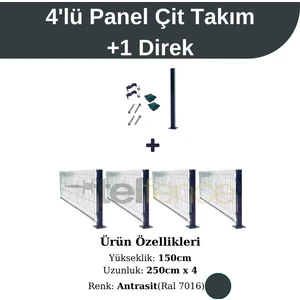 4 'lü Panel Çit Takım 150X250 Cm Antrasit + 1 Direk Avantaj Paketi (10 Metre)