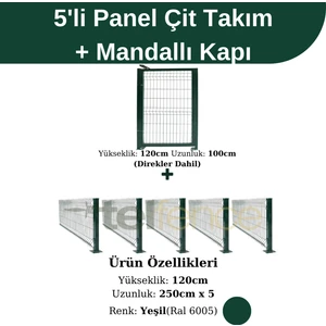 5 'li Panel Çit Takım Yeşil (12.5 Mt) + Panel Çit Kapı Mandallı Avantaj Paketi (120 Cm)