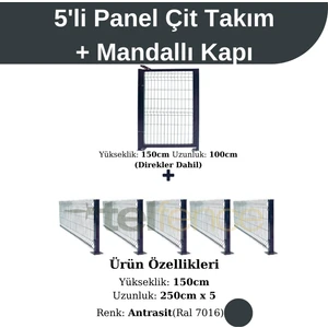 5 ‘li Panel Çit Takım Antrasit (12.5 Mt) + Panel Çit Mandallı Kapı Avantaj Paketi (150 Cm)