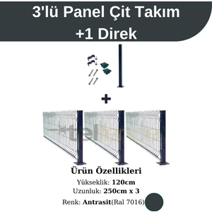 3 'lü Panel Çit Takım 120x250 Cm Antrasit  (7,5 Metre)