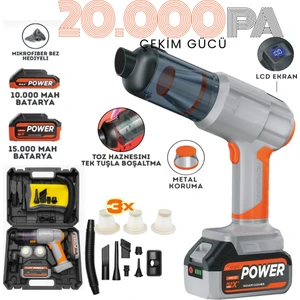 25,000 Mah Güçlü 20.000PA Ultra Güçlü Emiş Yedek Batarya+Yedek 2 Filtre Bez Hediye Araç Içi Süpürge