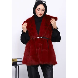 İmaj Butik Bordo Astarlı Kemerli Kürk Yelek