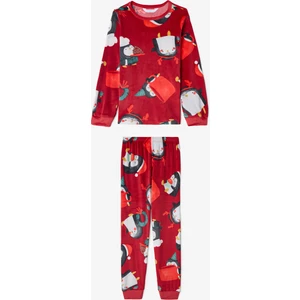 Kırmızı Kız Çocuk Penguen Desenli Uzun Kollu Pijama Takımı