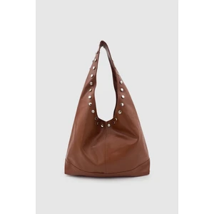 Stula Büyük Hacimli Mıknatıslı Zımba Detaylı Hobo Omuz Çantası Taba