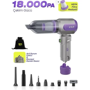 7GO AHV-14 2'si 1 Arada Kablosuz Araç İçi Süpürge Mor | 18000PA Güçlü Vakum + Üfleme | Cam Kırıcı & Kemer Kesici Acil Durum Özellikli