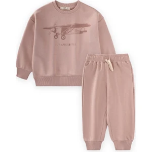 Planör Baskılı Sweatshirt Takım 2-10 Yaş Bej