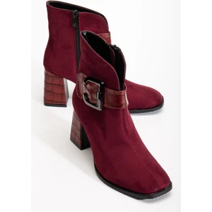 Dilimler Ayakkabı Süet Metal Kemerli Bordo Kadın Topuklu Bot